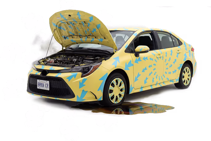 Illustration of car repair expenses with a damaged car and dollar icons.