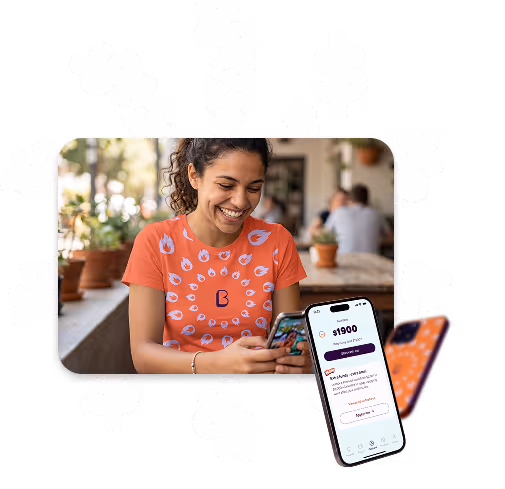 Illustration of a woman using a mobile phone with the Beforepay app displayed.