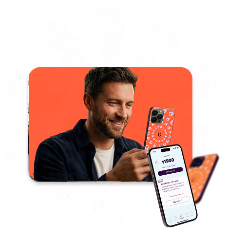 Illustration of a man using a mobile phone with the Beforepay app displayed.