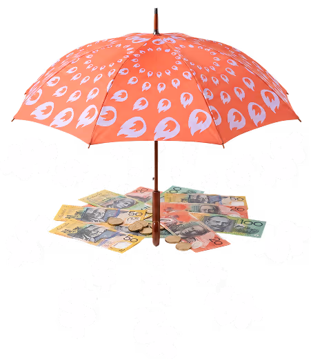 Illustration of cash and coins under an umbrella.