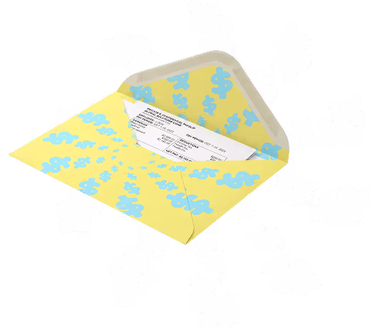 Illustration of a payslip in an envelope with dollar icons.