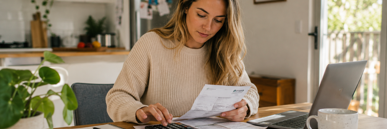 Person reviewing bills and tracking spending as part of a household budget