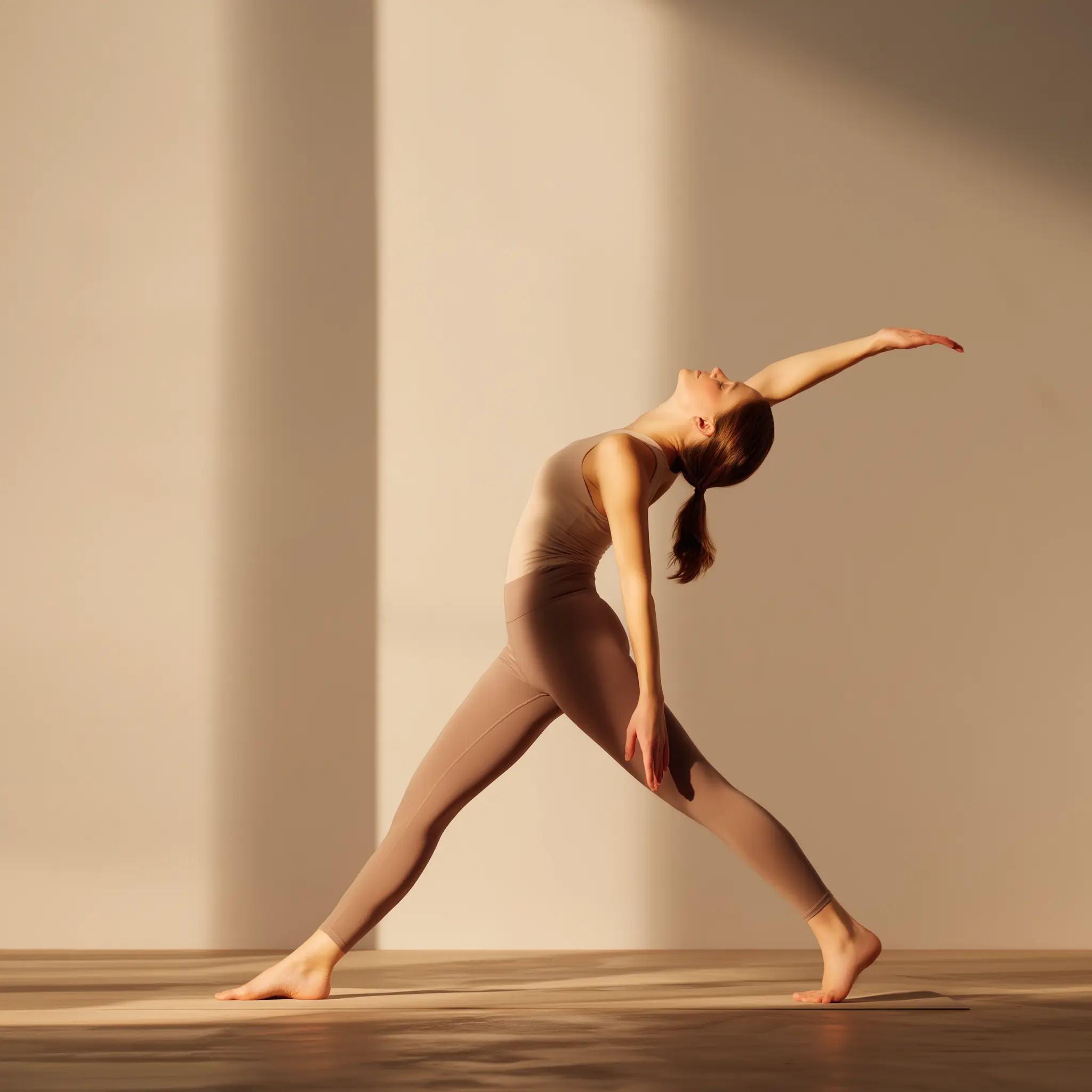 Woman in beige athletic wear performing an upward dog yoga pose on a mat in a sunlit room.