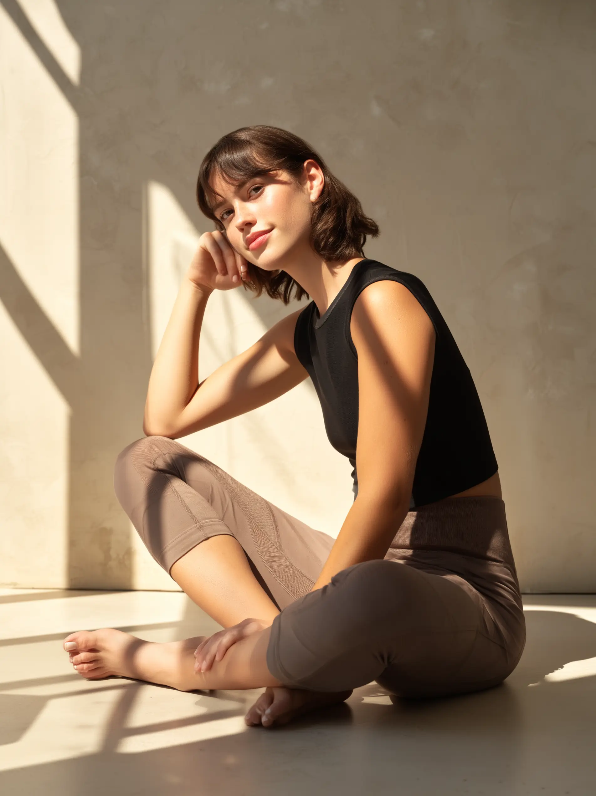 Young woman in black sleeveless top and beige leggings sitting cross-legged on the floor in sunlight with shadows cast behind her.
