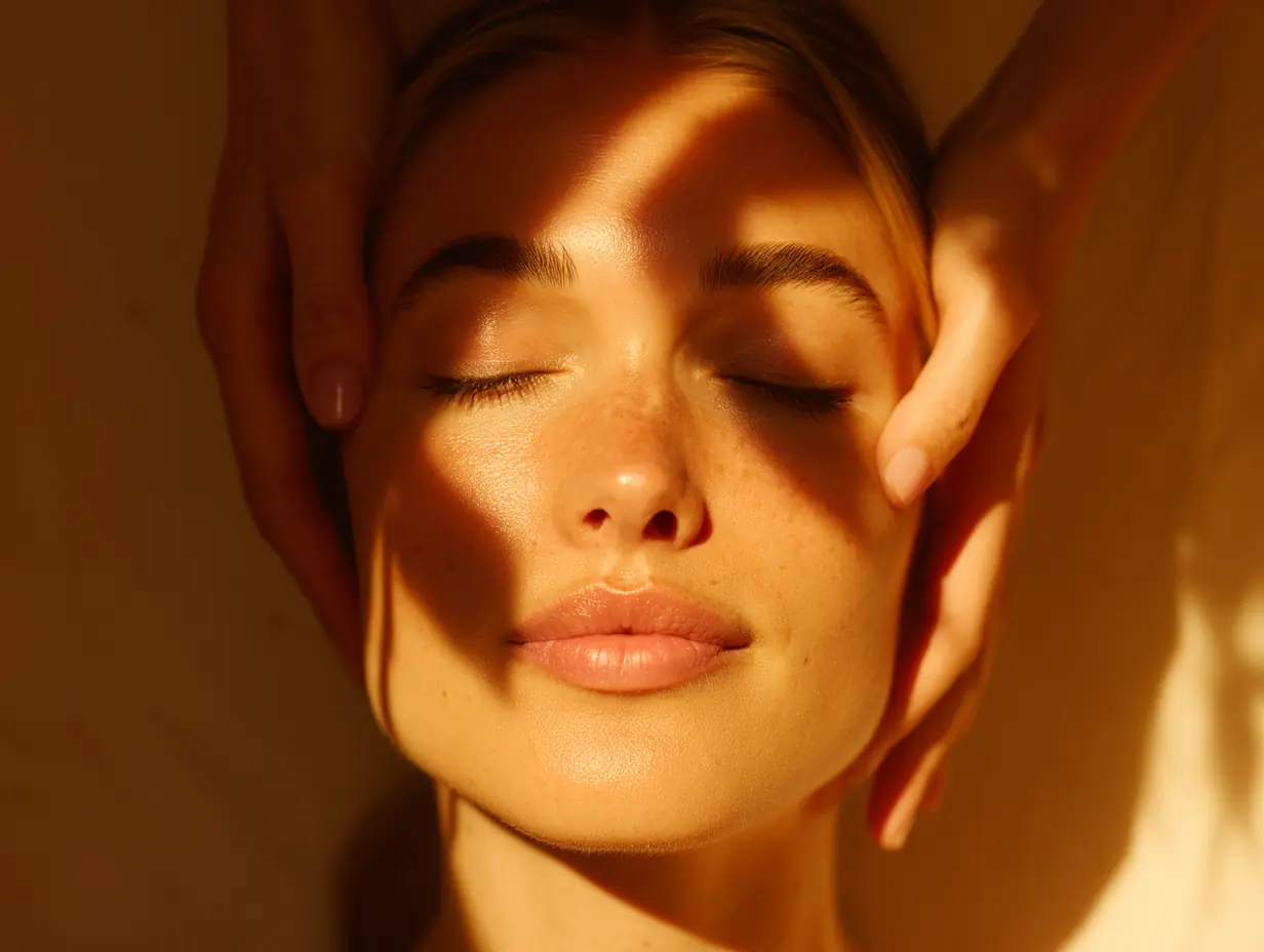 Woman with closed eyes receiving a gentle facial touch with sunlight casting shadows on her face.