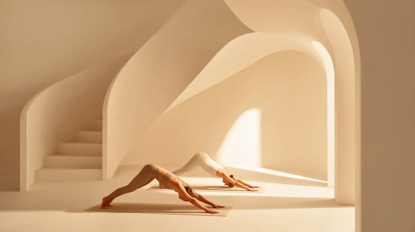 Two women practicing downward dog yoga pose on mats in a bright room with curved architectural walls and stairs.