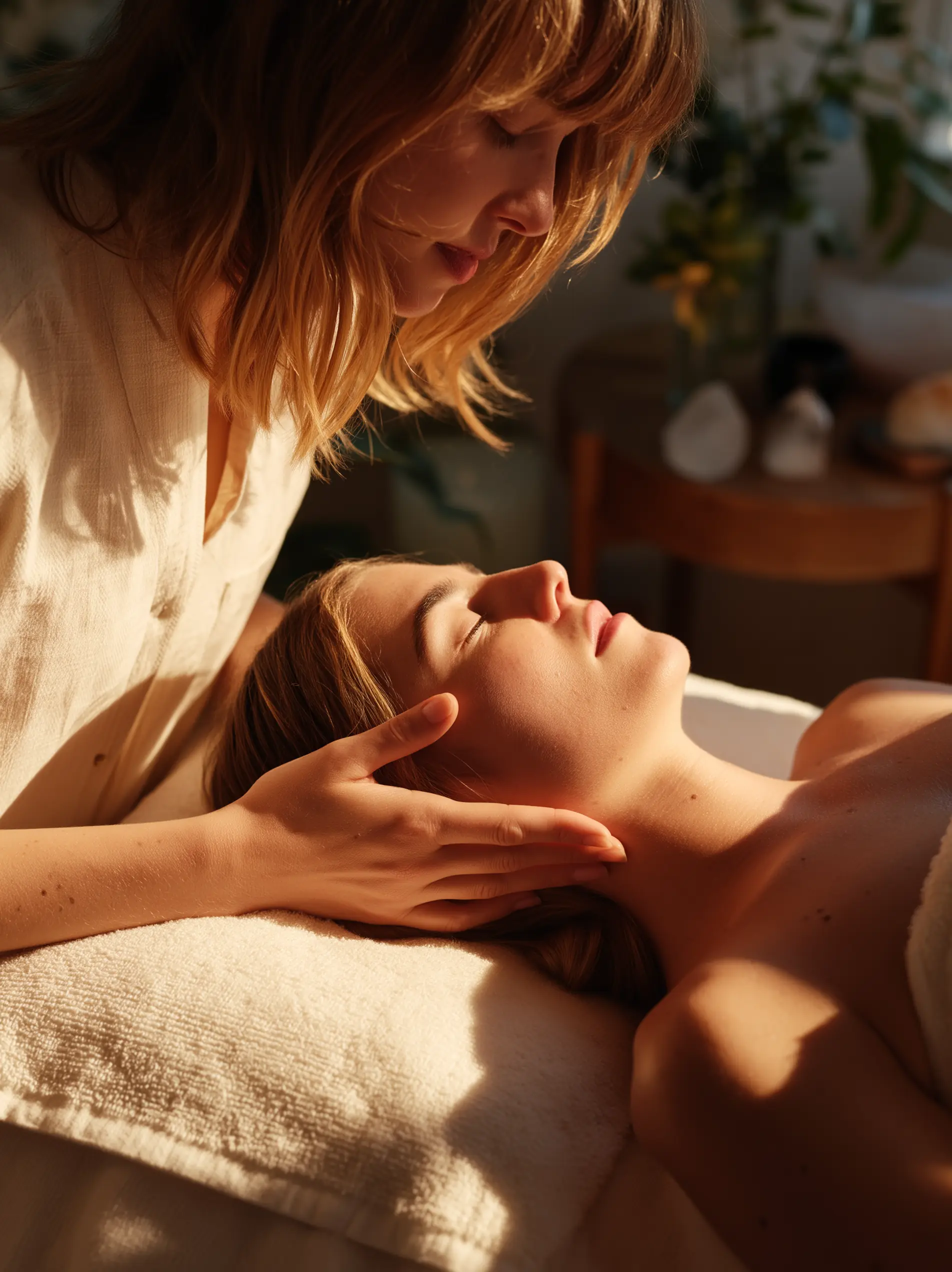 Therapist gently holding a relaxed woman's head during a massage session with warm natural lighting.