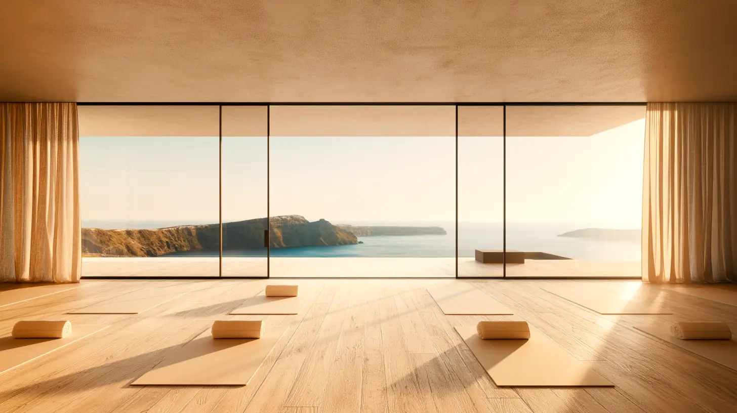 Minimalist yoga studio with wooden floor, yoga mats and bolsters, large floor-to-ceiling windows overlooking an ocean view with cliffs.