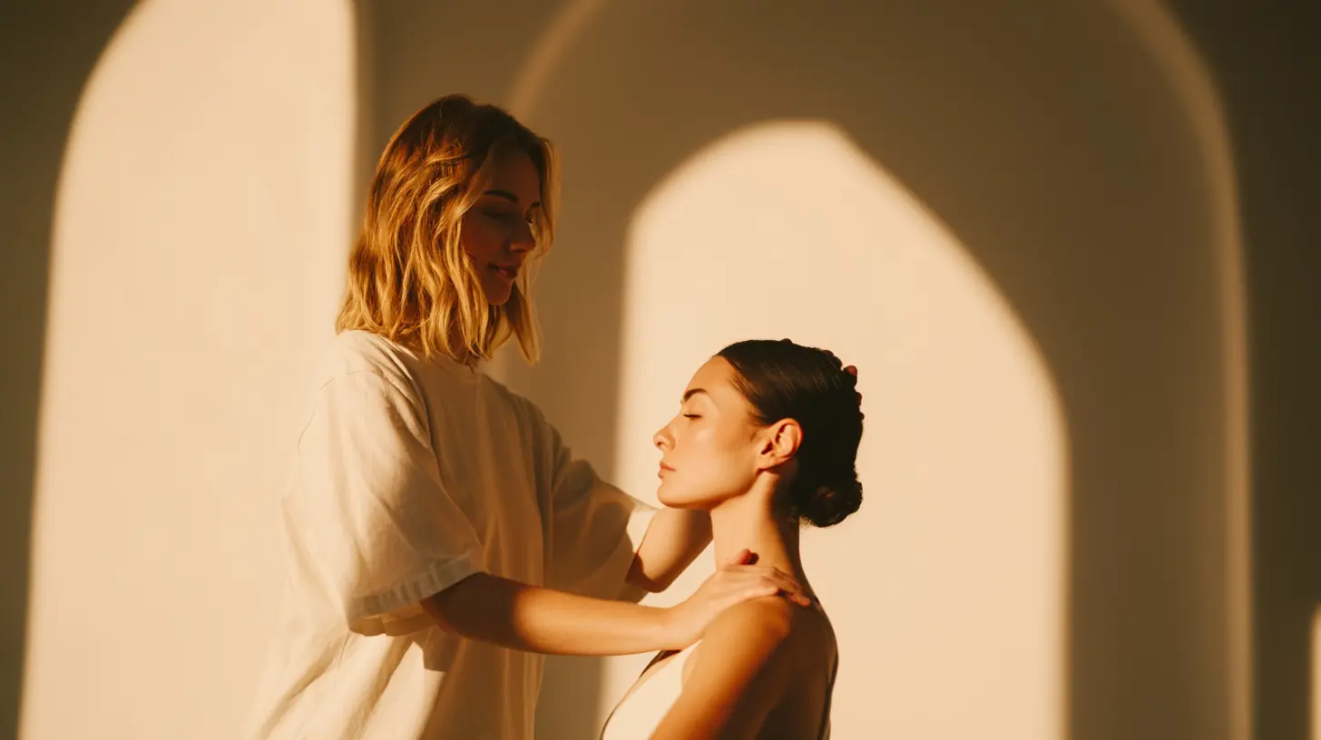 Woman in a white shirt gently placing her hands on the shoulders and neck of a seated woman with closed eyes against a warm-lit arched background.
