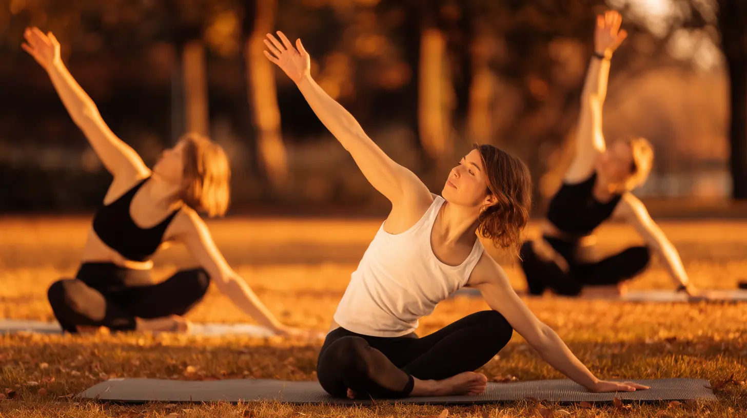 Three women practicing yoga seated on mats outdoors at sunset with one arm raised and the other hand on the ground.