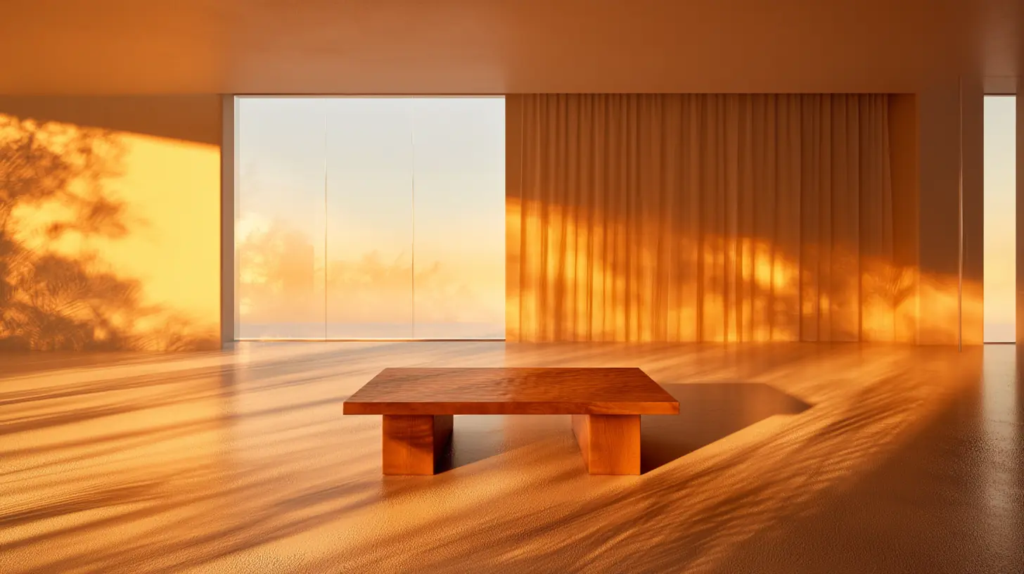 Minimalist room with a low wooden table illuminated by warm sunset light casting tree shadows on the floor and walls.