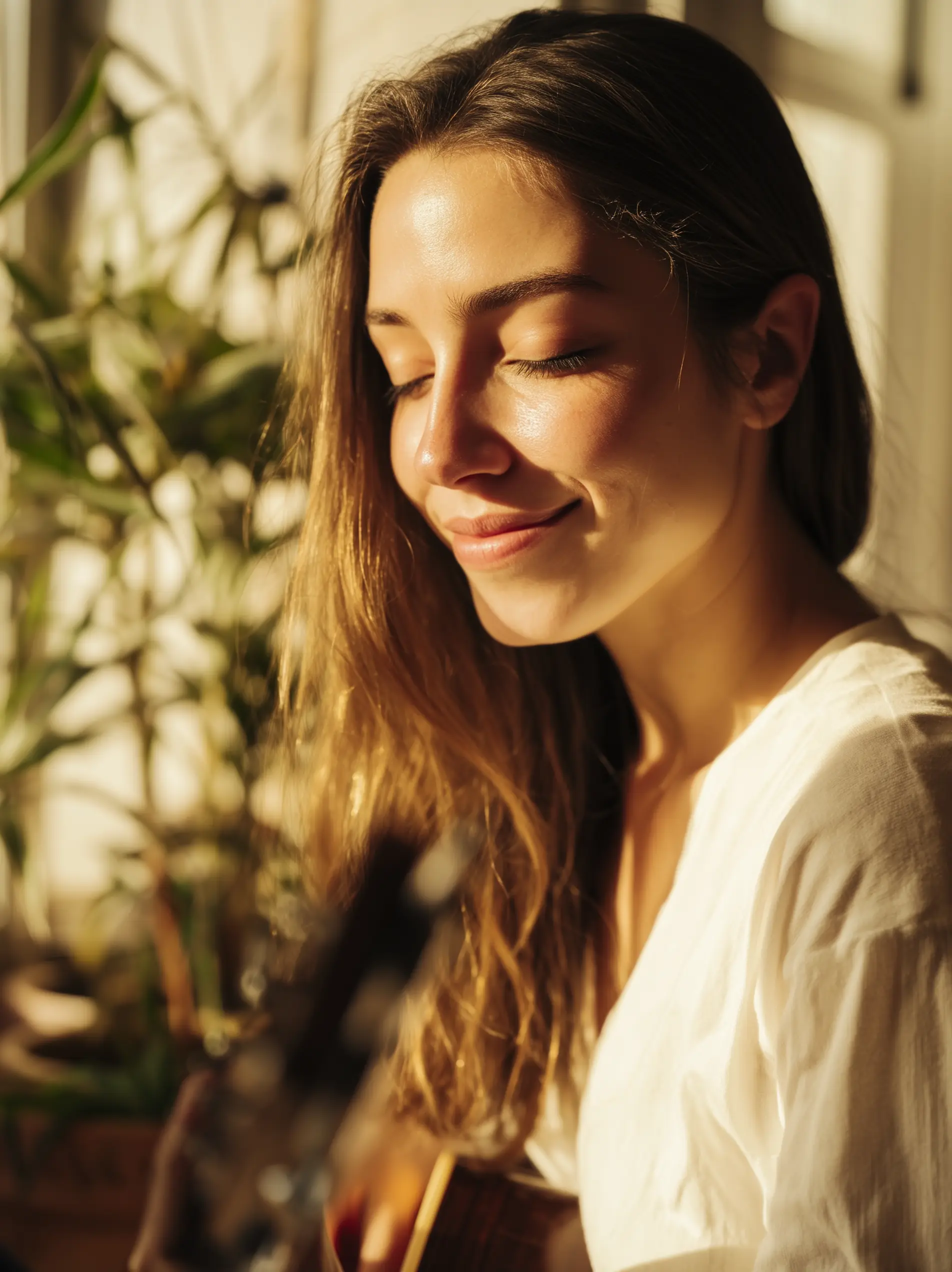 Young woman with long hair smiling softly with eyes closed, bathed in warm sunlight indoors.