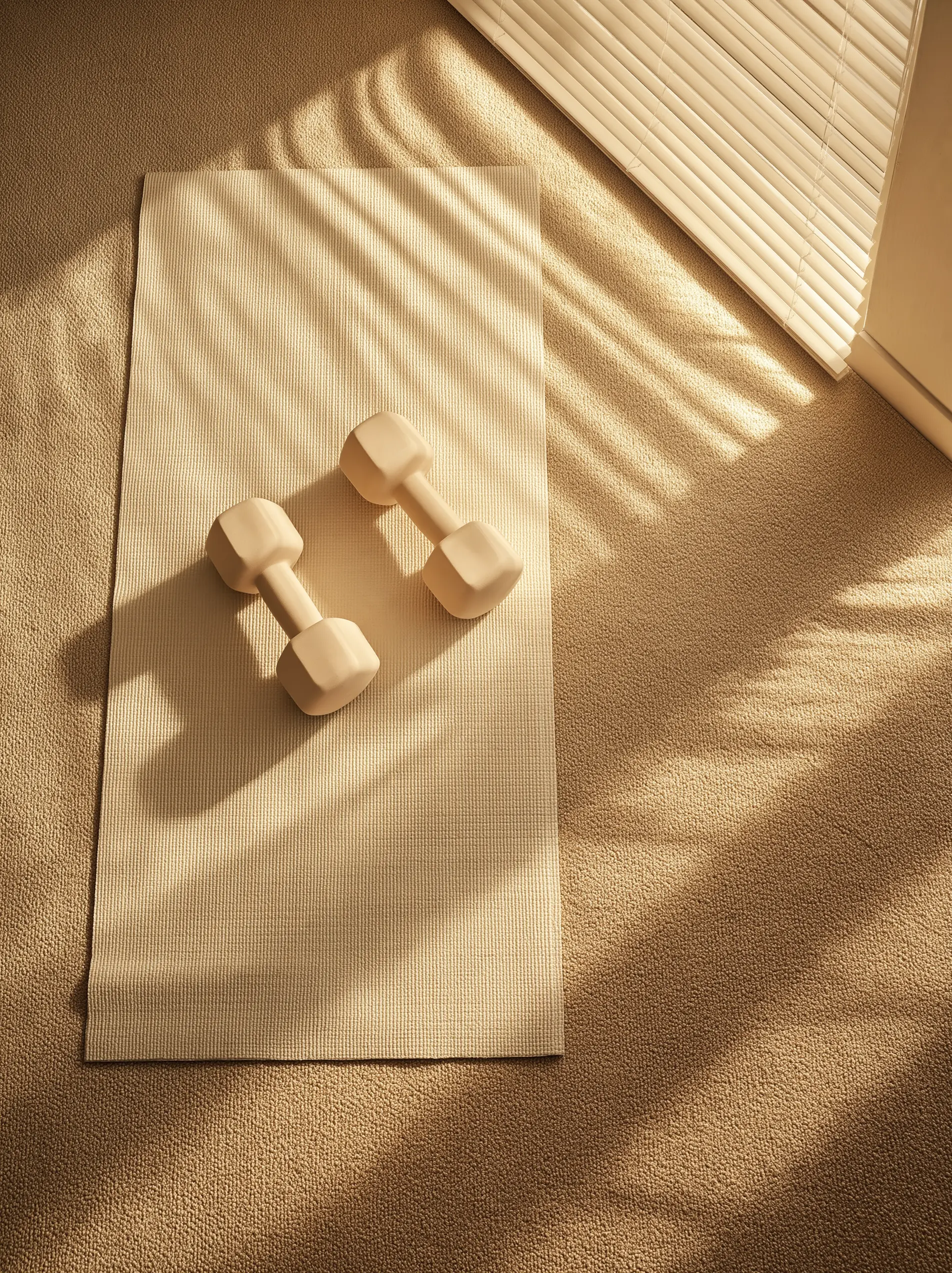 Two beige dumbbells resting on a beige yoga mat with sunlight and blinds shadows on a carpeted floor.