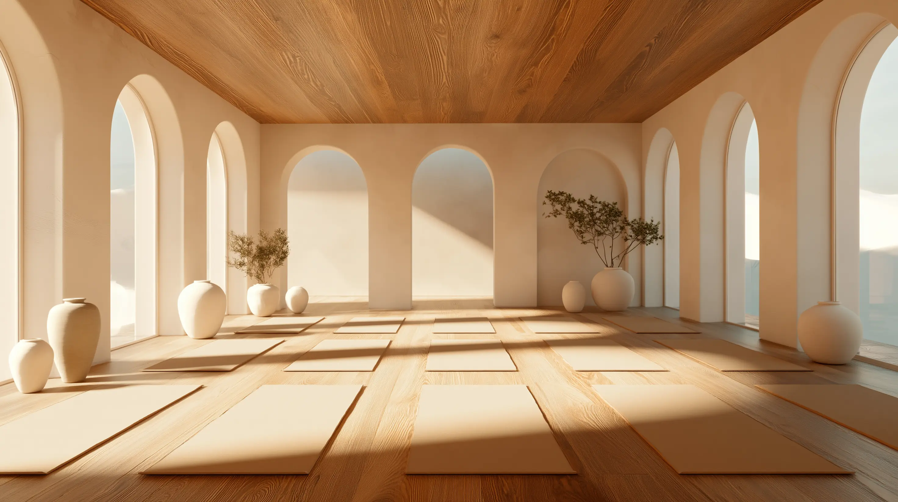Spacious minimalist yoga studio with wooden floor and ceiling, arched windows, yoga mats arranged on the floor, and large ceramic vases with plants.