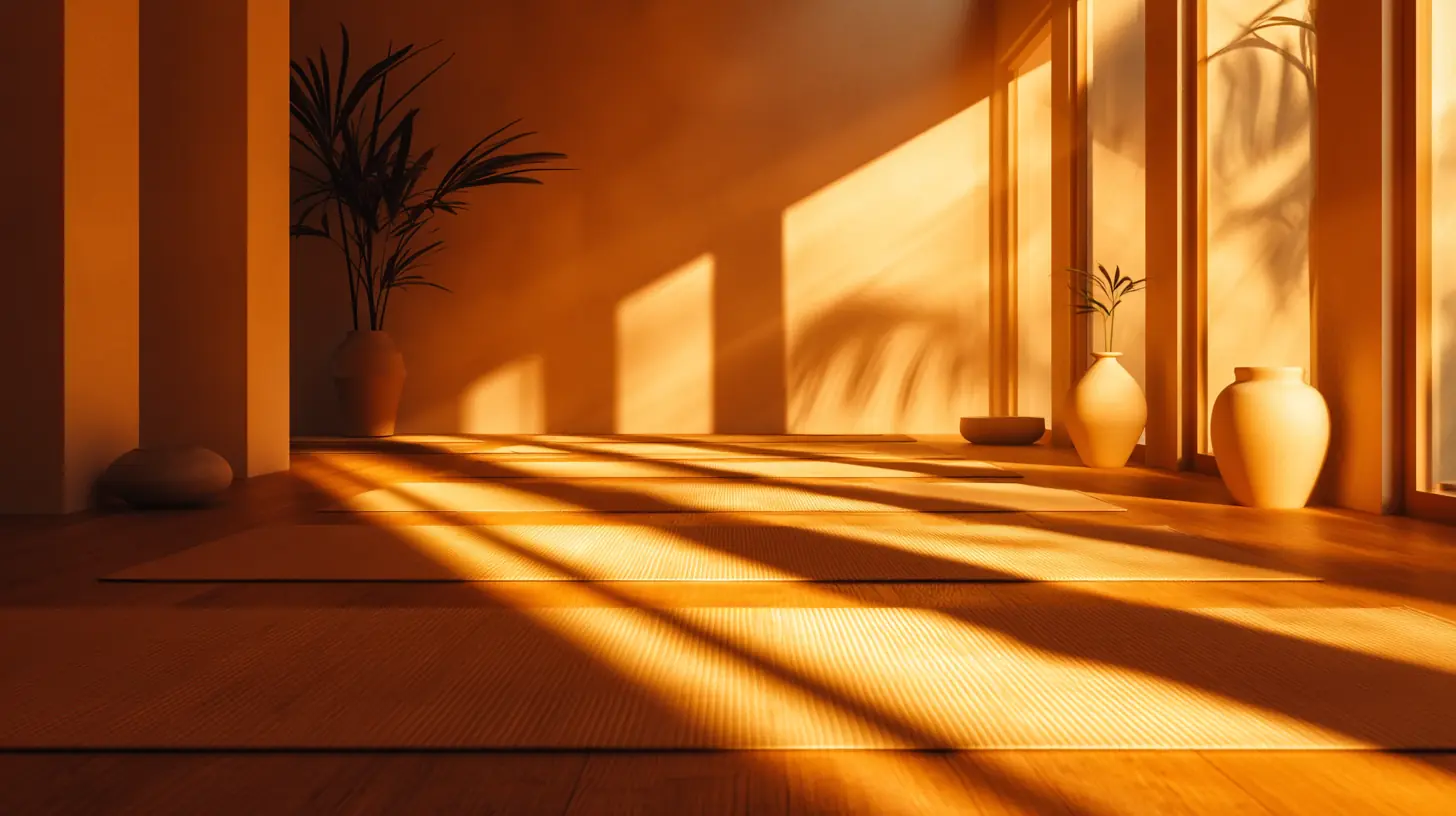 Sunlit modern minimal yoga studio interior with mats on wooden floor and large windows casting shadows.