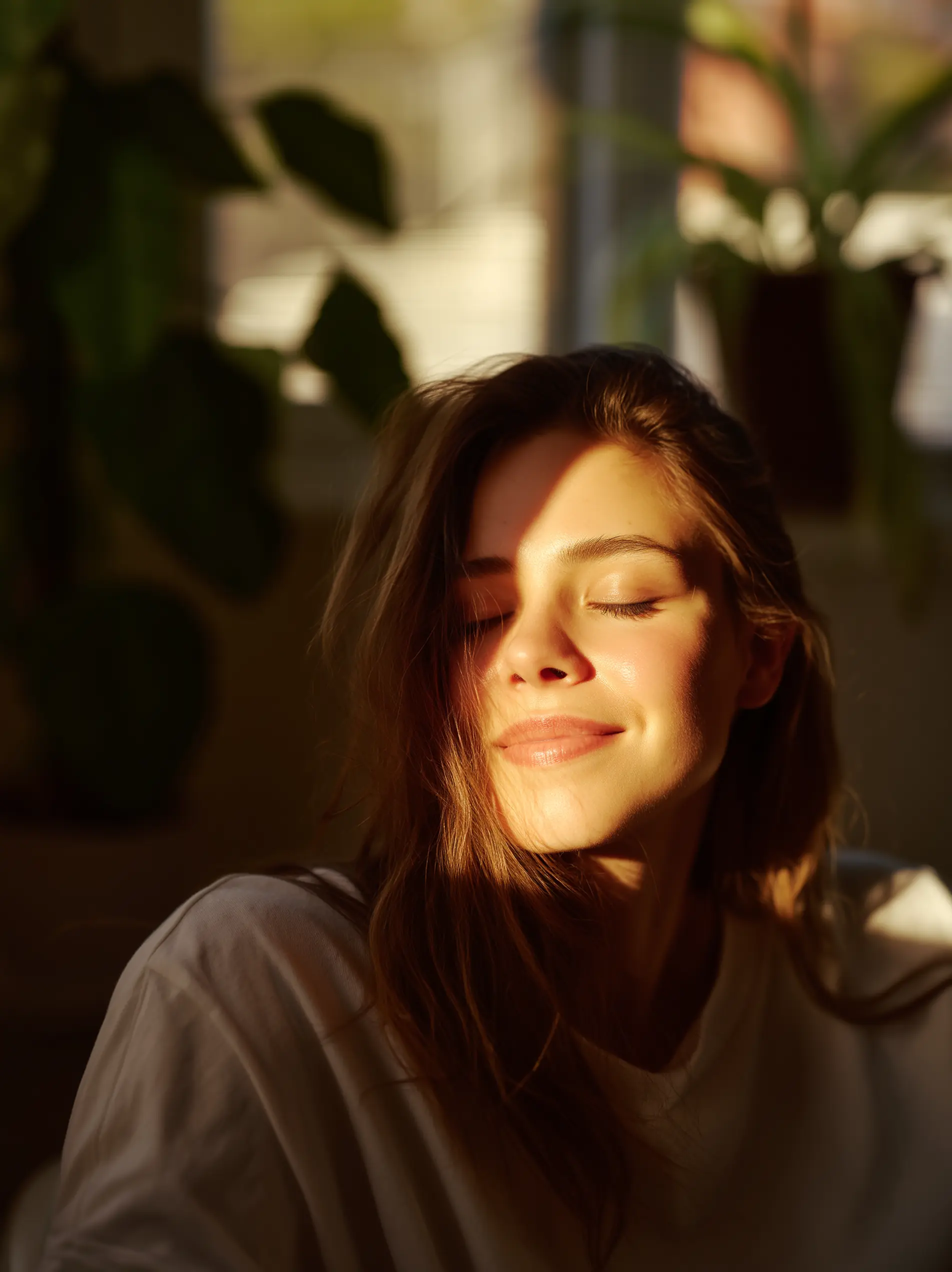 Young woman with closed eyes smiling gently as warm sunlight falls on her face indoors.