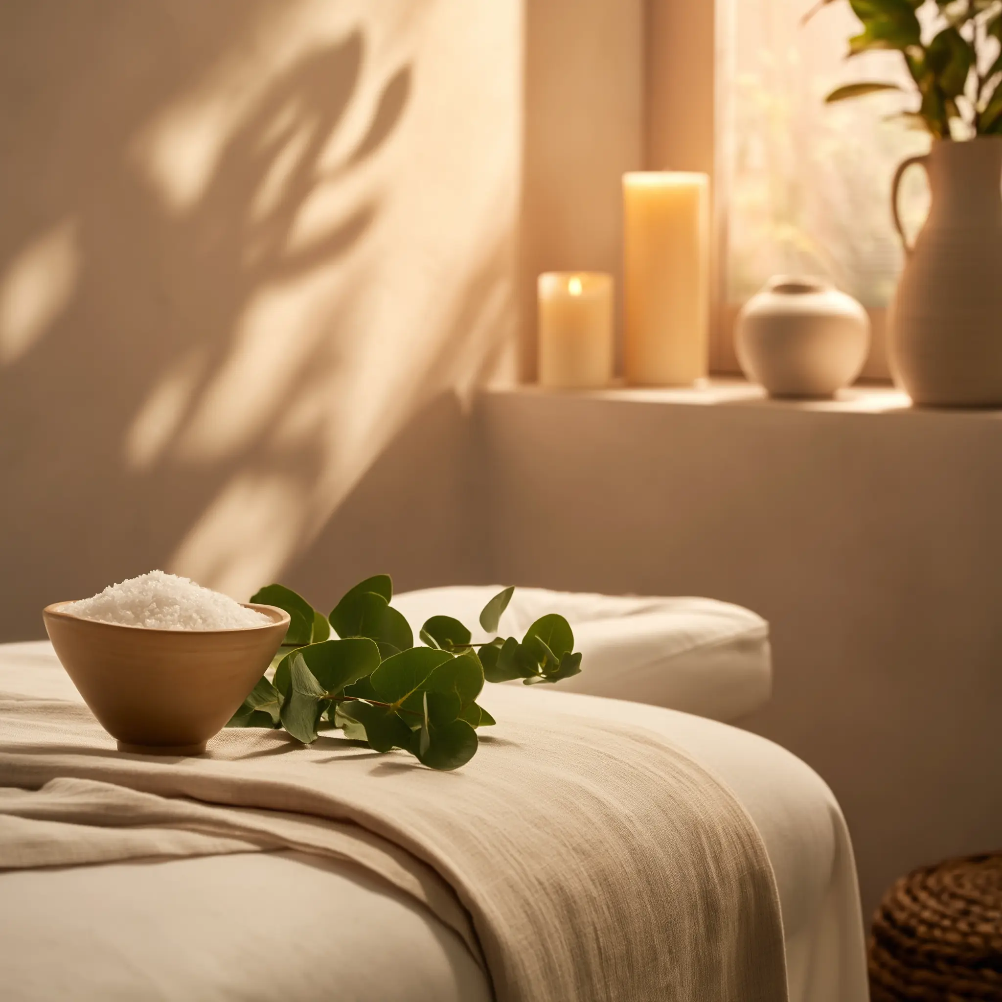 Massage table with beige linens, a bowl of bath salts, eucalyptus leaves, and lit candles on a windowsill in a softly lit room.
