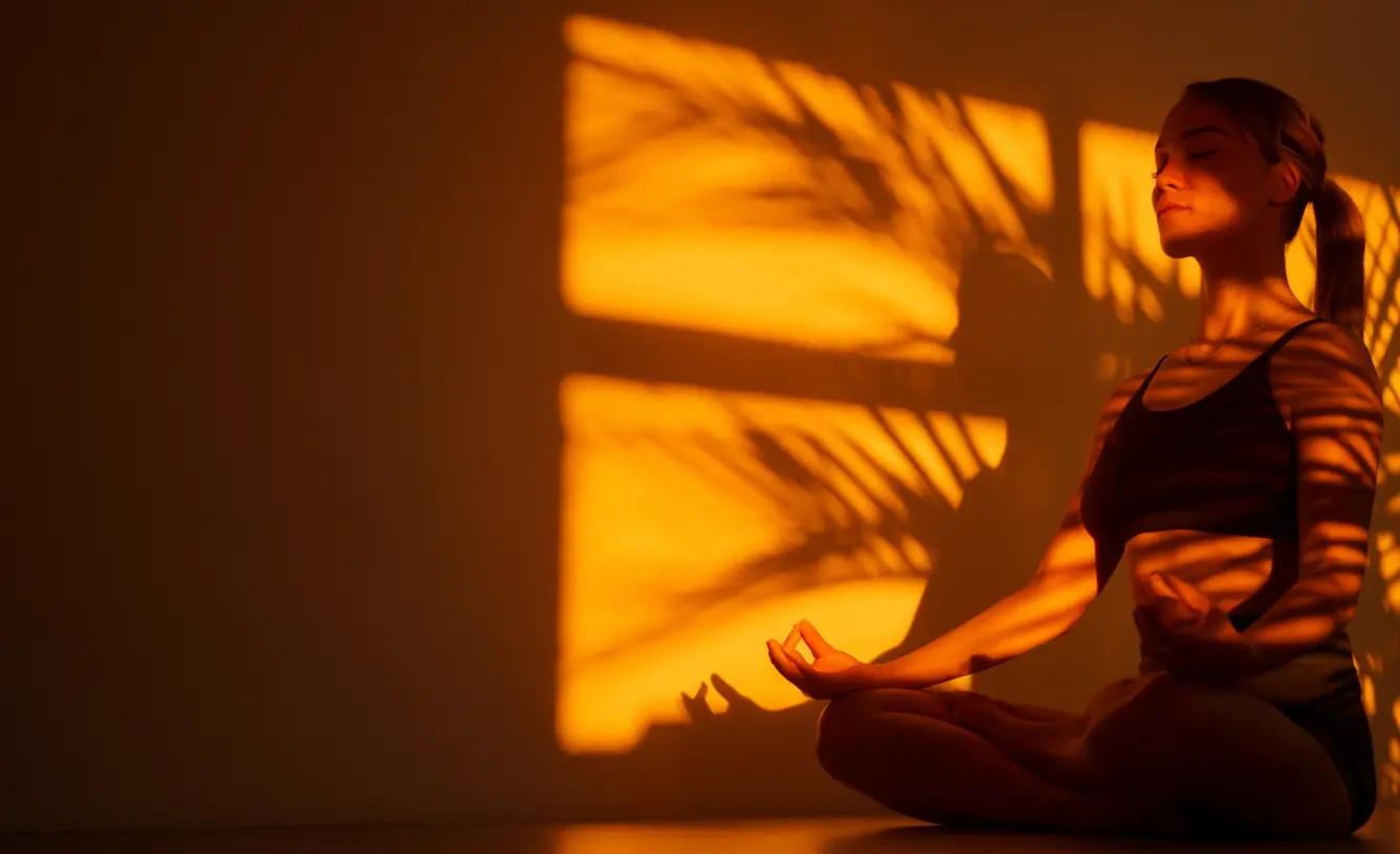 Woman in lotus pose meditating with eyes closed, with warm sunlight and palm shadows on the wall behind her.