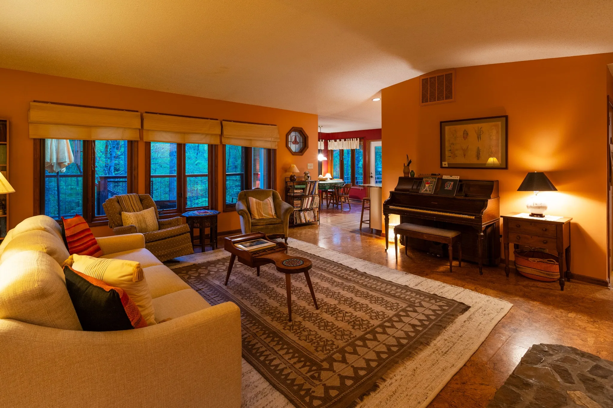 Warmly lit interior with inviting seating
