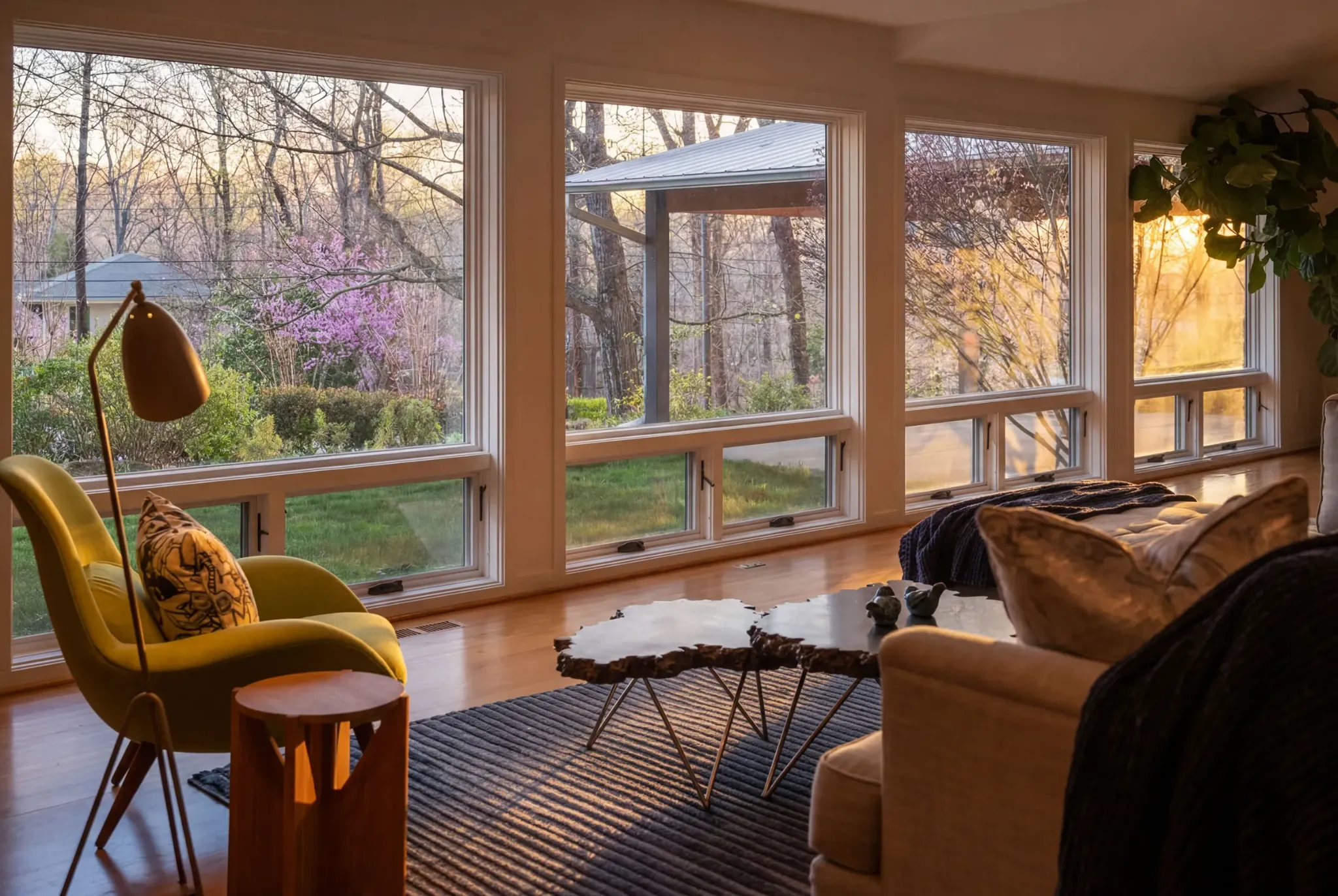 Living room at dusk showing furniture relationships and spatial composition