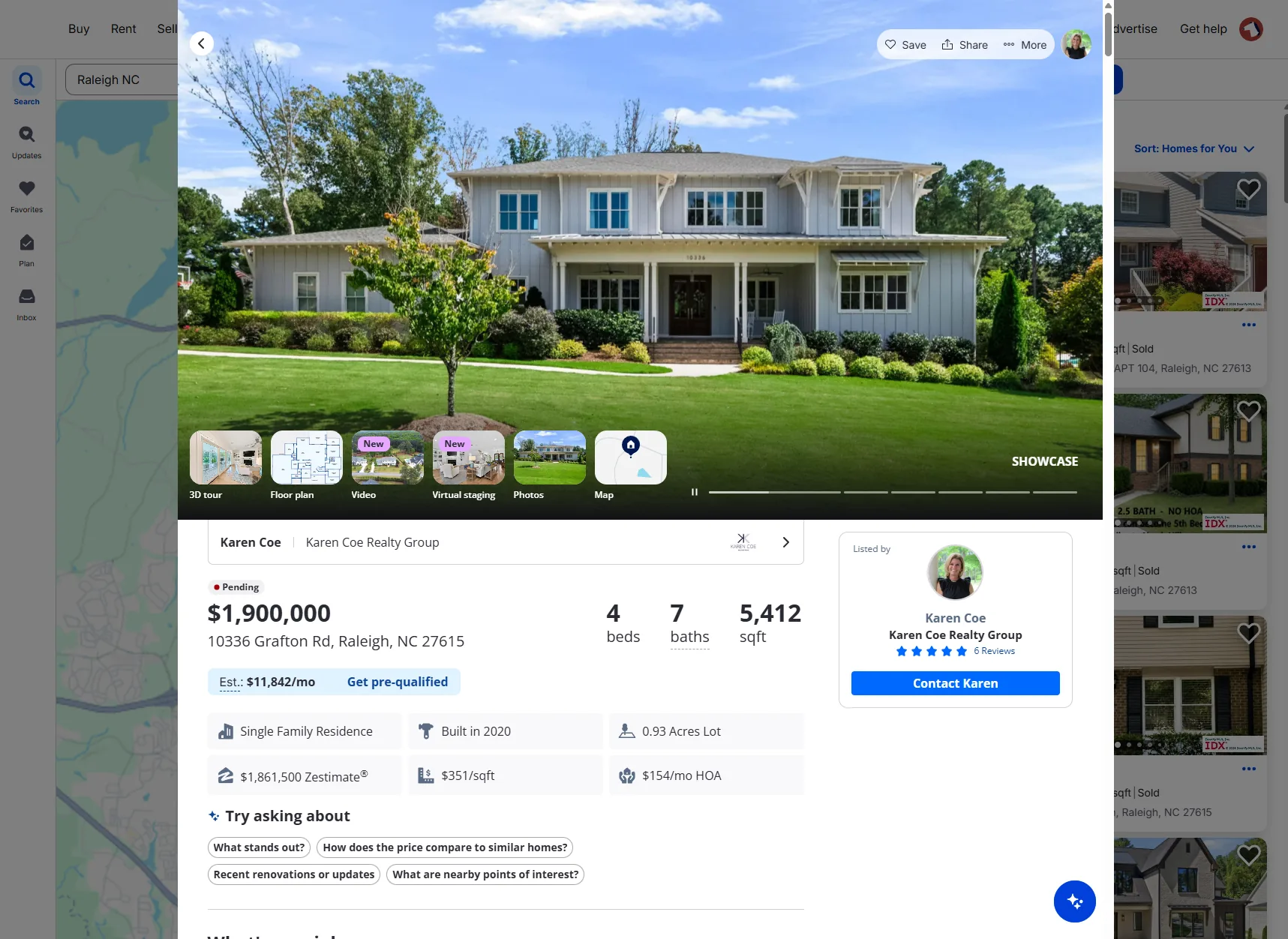 Zillow Showcase listing interface combining property media, floor plan, and agent information