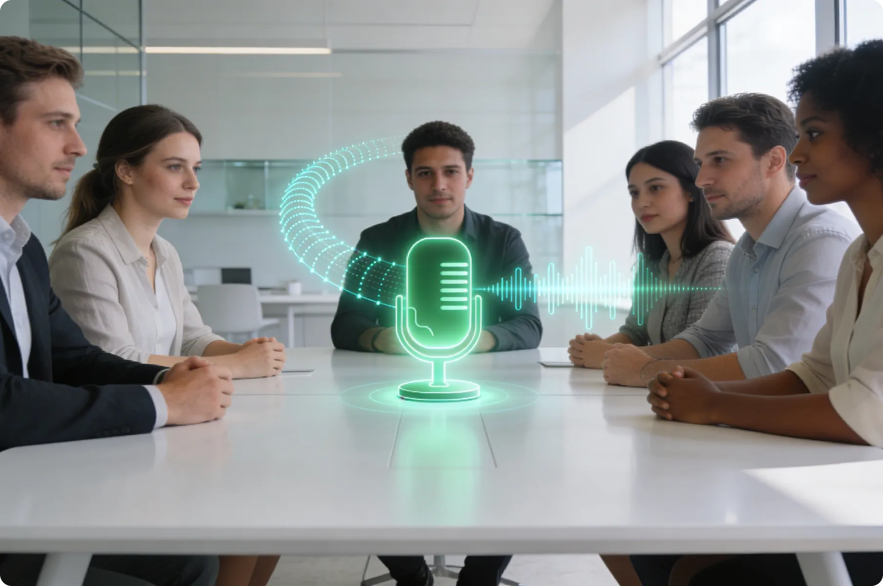 A group of people sitting around a table with a microphone.