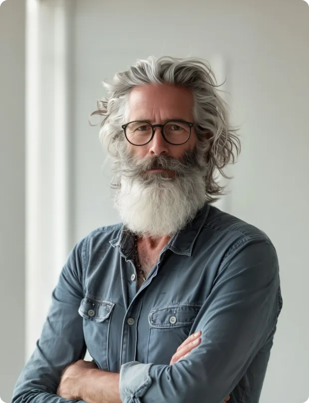 A man with a long white beard and glasses.