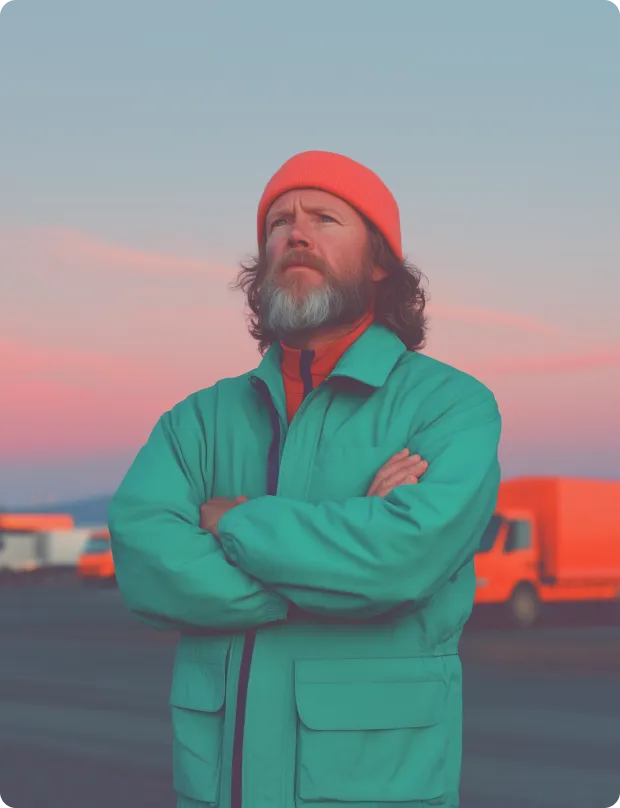 A man with his arms crossed standing in front of a truck.