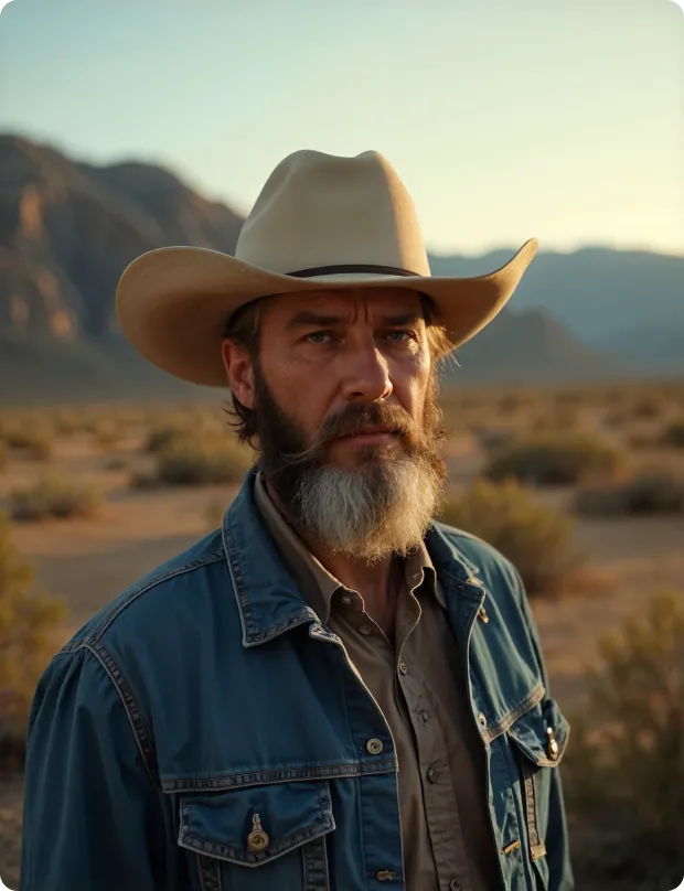 A man with a beard wearing a cowboy hat.