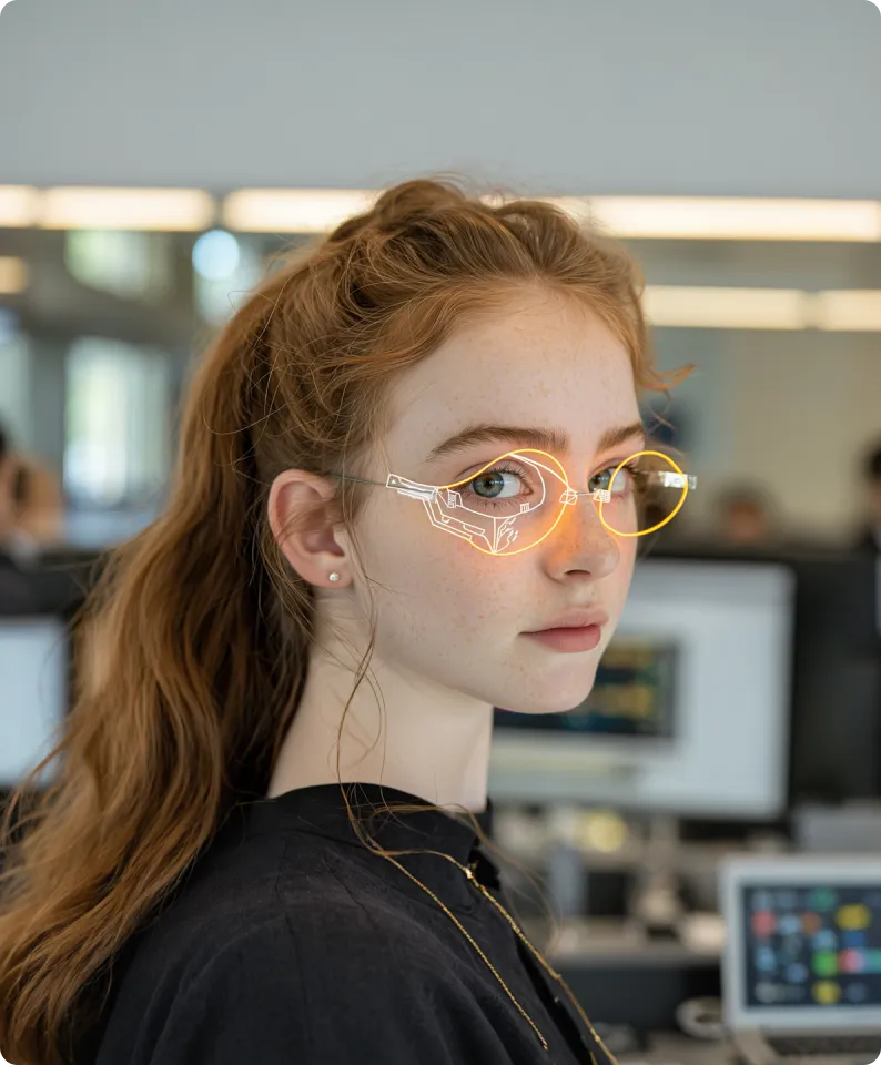 A woman with glasses looking at the camera.