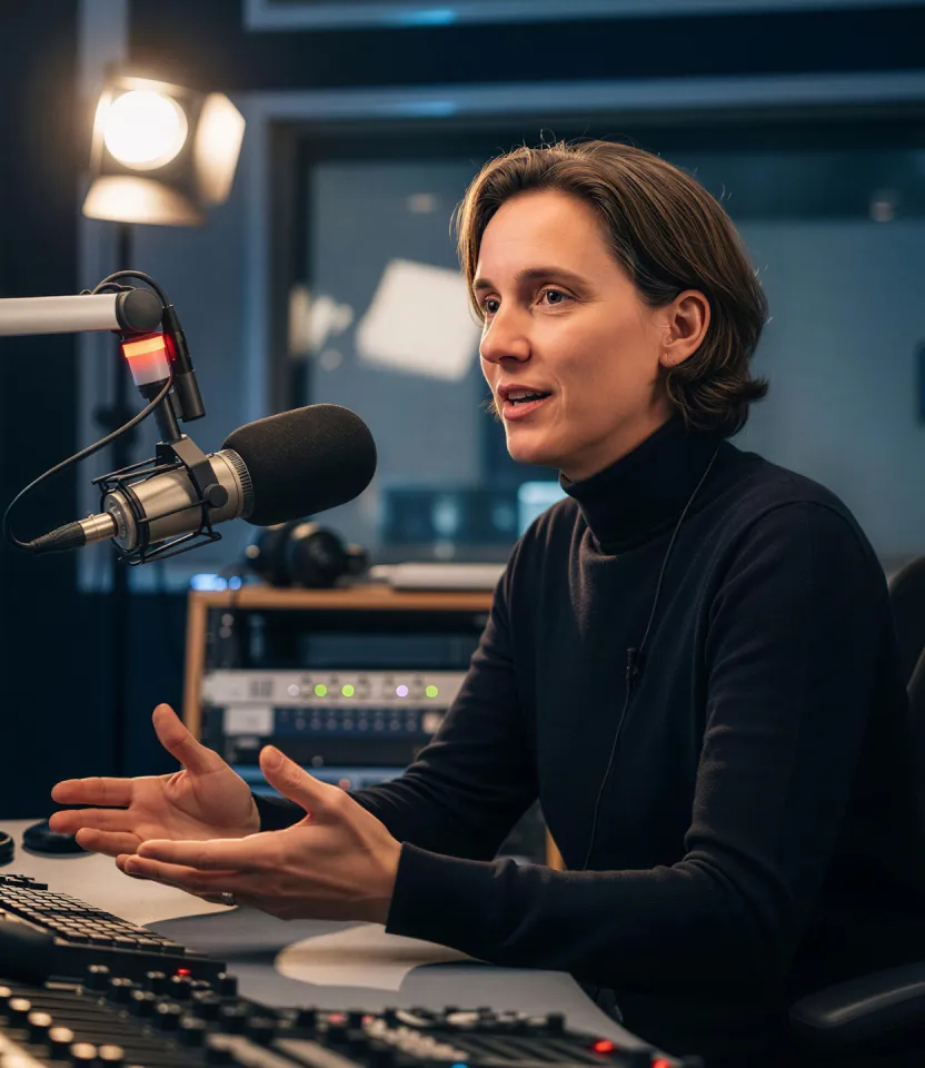A woman sitting in front of a microphone in a recording studio.