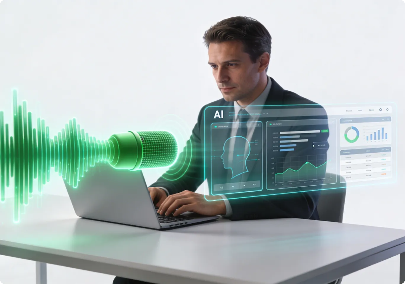 A man sitting at a desk using a laptop computer.