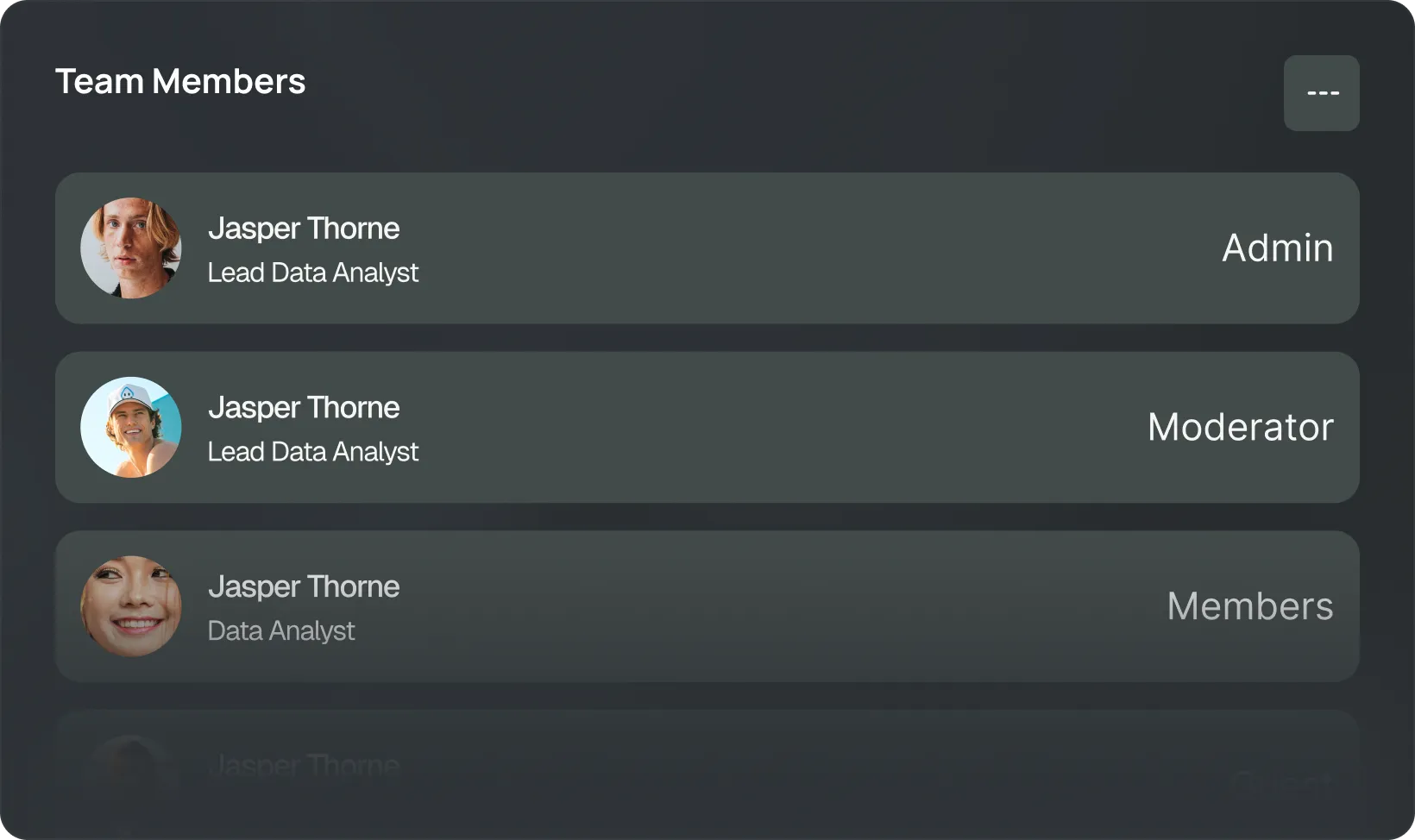 Dark-themed team members list showing three entries of Jasper Thorne with roles Admin, Moderator, and Members, each with a profile picture.
