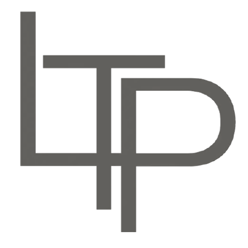 Stylized gray letters L, T, and P integrated on a black background forming a geometric monogram.