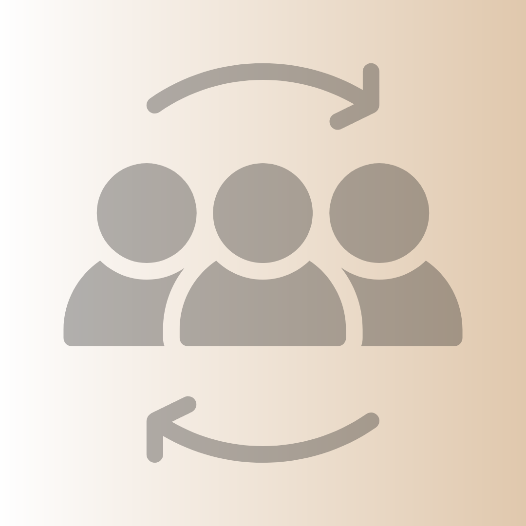 Icon of three gray user figures with curved arrows above and below indicating user exchange or transfer.