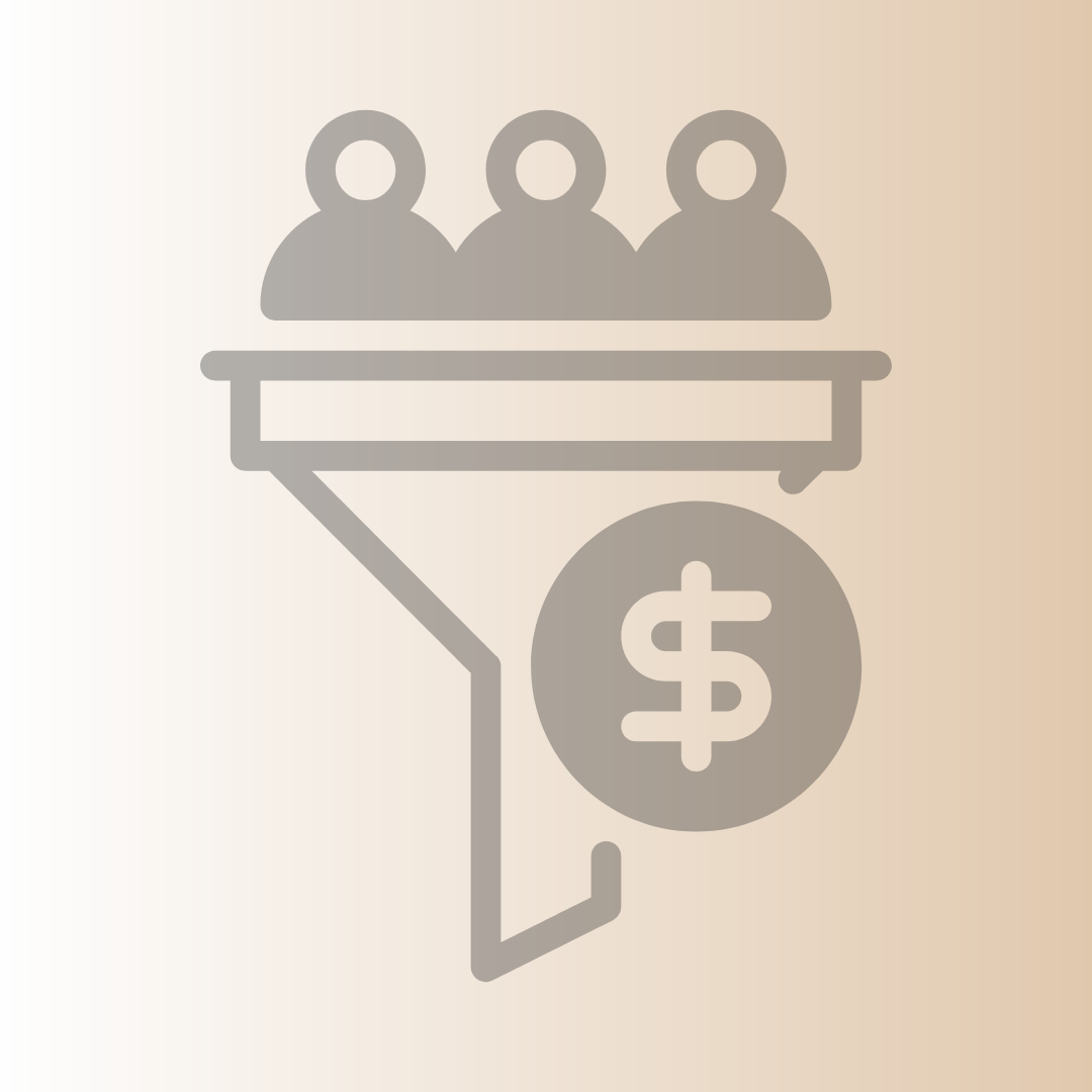 Icon of a sales funnel with three people at the top and a dollar sign representing revenue at the bottom.