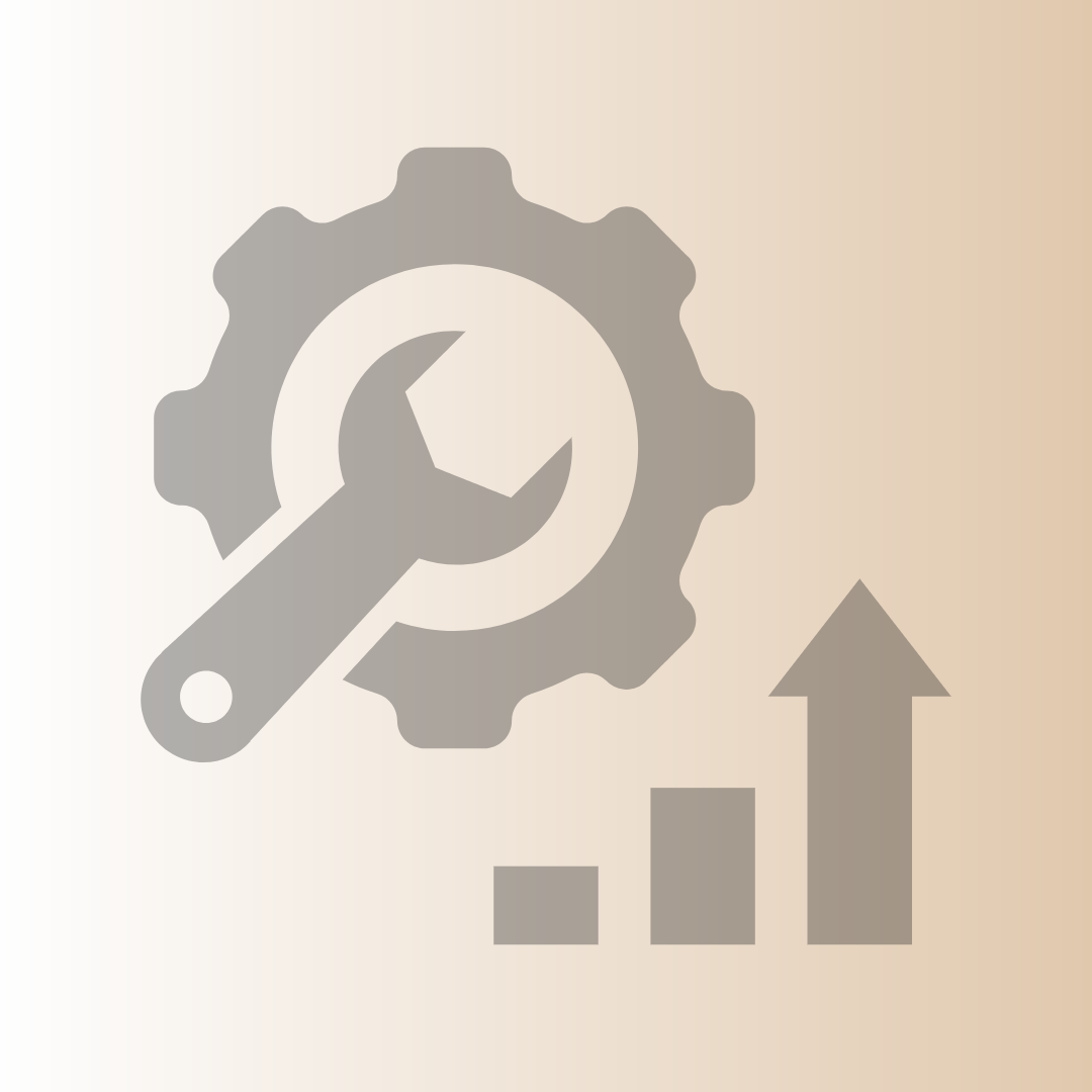 Icon of a wrench inside a gear with an ascending bar chart and arrow indicating optimization or improvement.