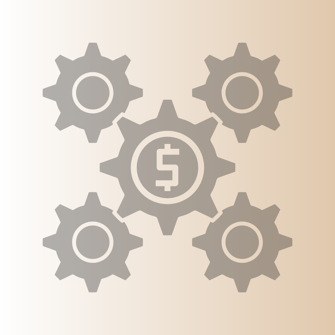 Five interconnected gears with a dollar sign inside the center gear symbolizing financial mechanisms or business processes.