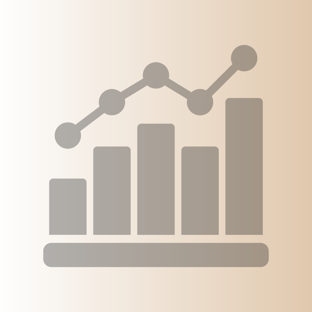 Icon of a bar chart with five vertical bars of varying heights and a connected dot line graph overlay.