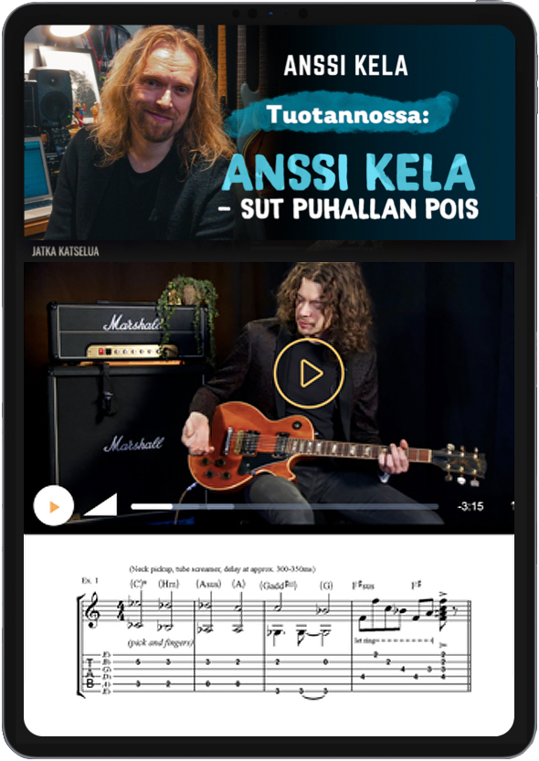 Tablettinäyttö, jossa ylhäällä kuva Anssi Kelasta ja teksti Tuotannossa: Anssi Kela - Sut Puhallan Pois, keskellä video miehestä soittamassa sähkökitaraa, alla kitaranuottikuvio.