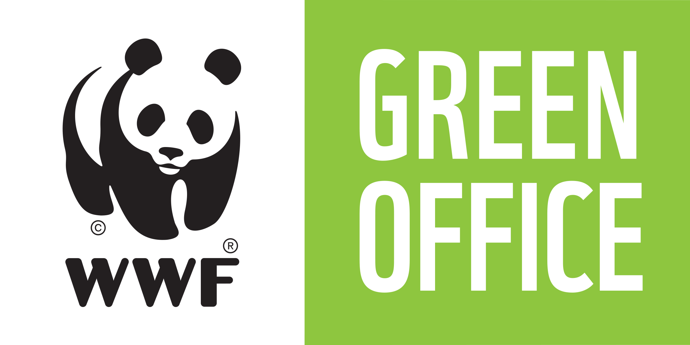 WWF:n mustavalkoinen pandalogo ja vihreällä taustalla valkoinen teksti Green Office.