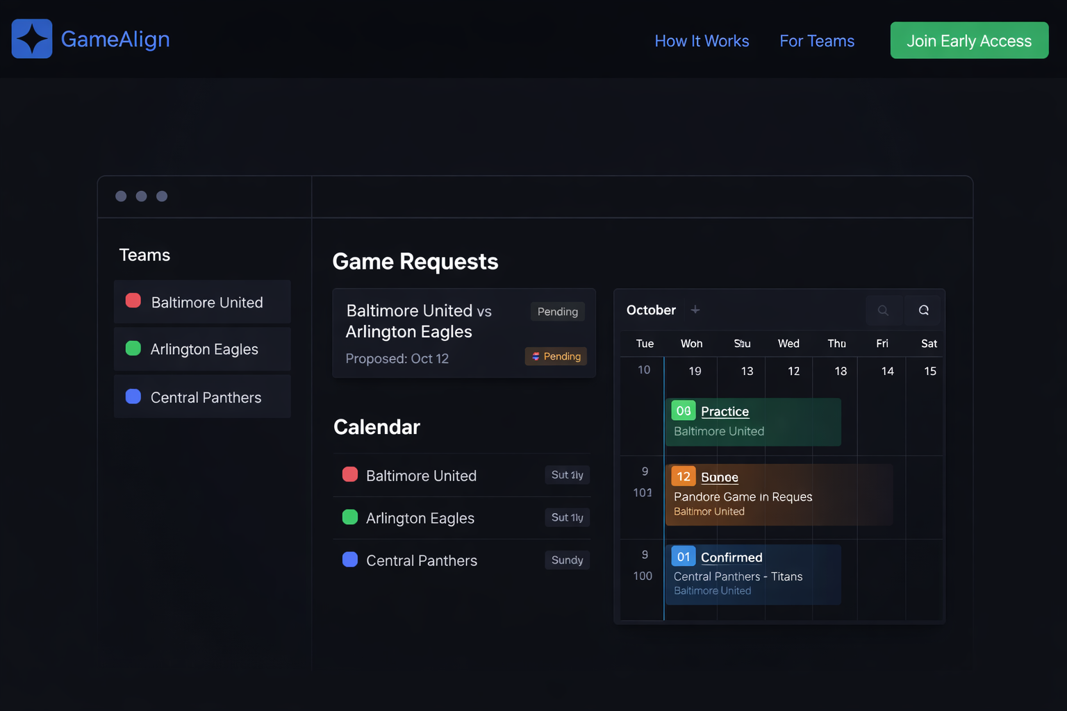 GameAlign dashboard showing game requests and calendar