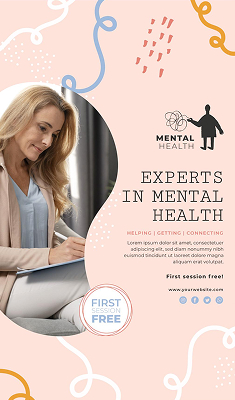 Smiling woman sitting on a couch writing in a notebook next to text about mental health experts offering free first sessions.