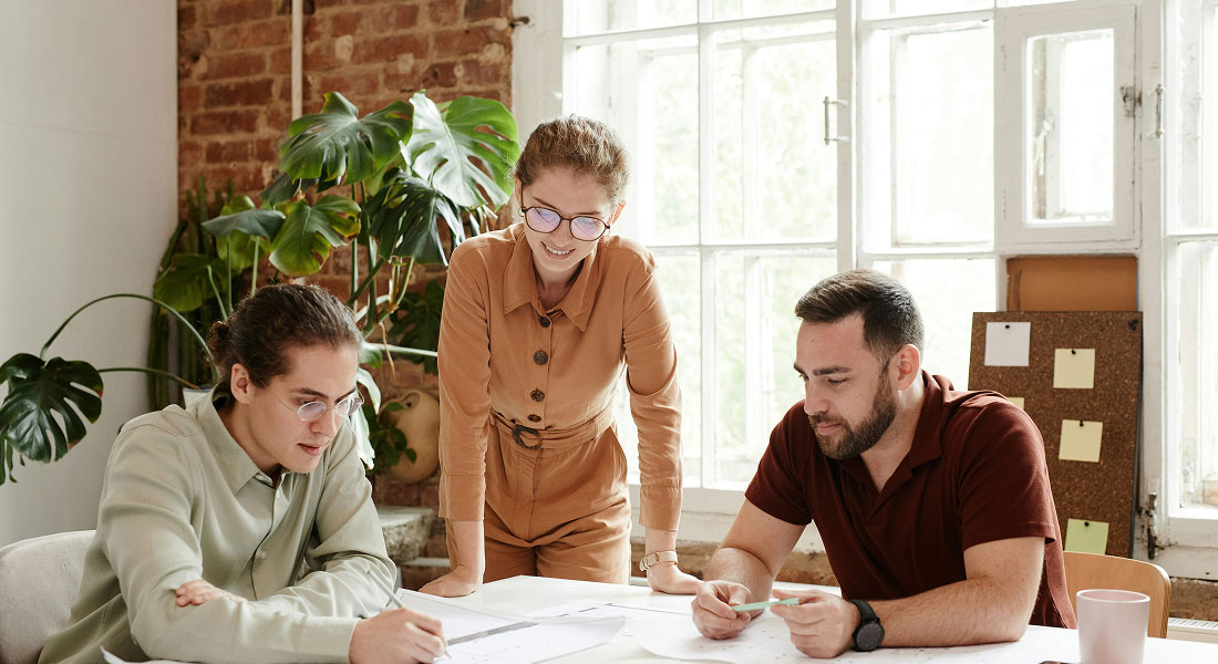 Three young adults collaborating and discussing documents in a bright office with a large window and indoor plants.
