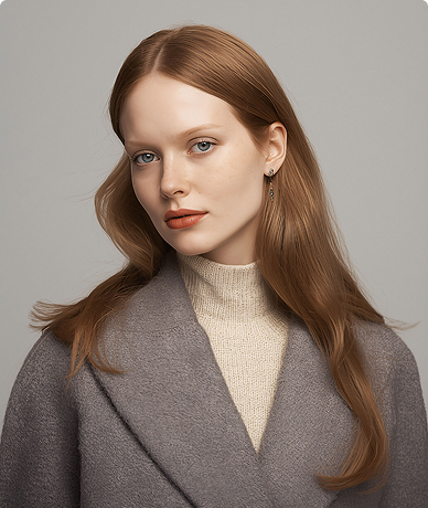 Portrait of a young woman with long red hair wearing a gray coat and beige turtleneck sweater against a plain gray background.