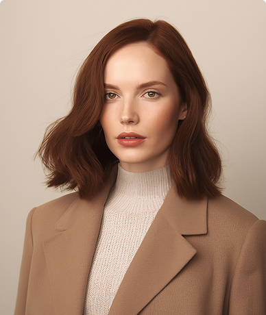 Portrait of a woman with shoulder-length auburn hair wearing a beige coat and light knit sweater.