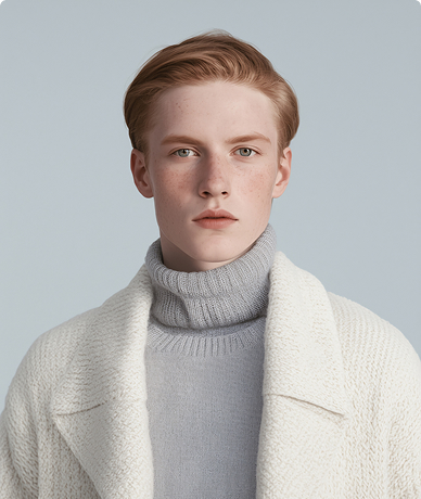 Portrait of a young person with light skin and short red hair wearing a gray turtleneck sweater and a white textured coat against a plain gray background.