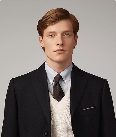 Young man with light brown hair wearing a black blazer, white sweater vest, light blue dress shirt, and dark tie with small dots.