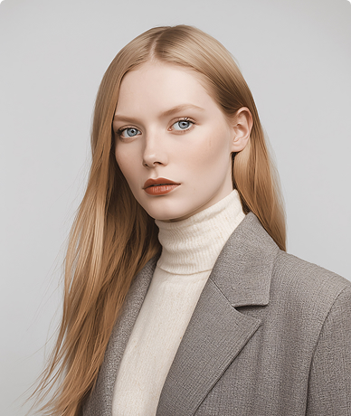 Portrait of a young woman with long blonde hair wearing a gray blazer and white turtleneck against a light gray background.