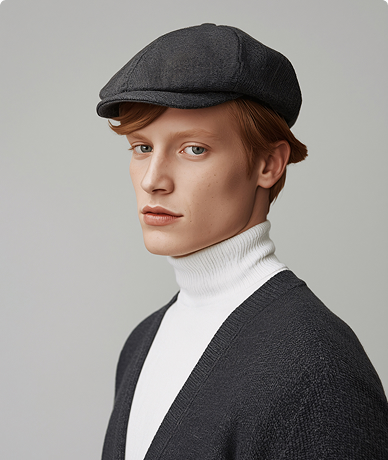 Young man with light skin and red hair wearing a black flat cap, white turtleneck, and black textured cardigan against a gray background.
